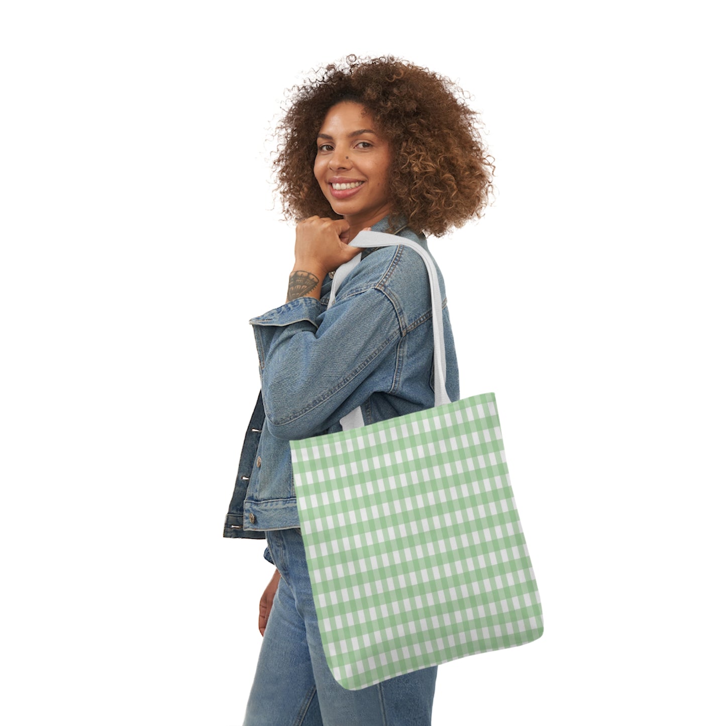 Mint Green Check Pattern Shoulder Tote Bag