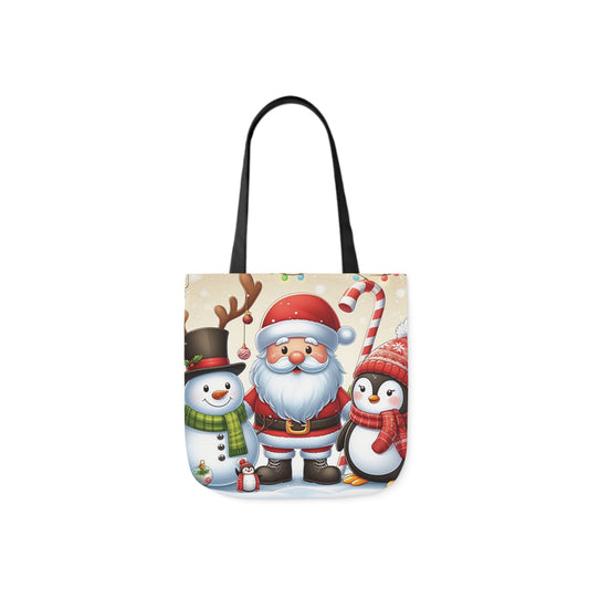 A canvas shoulder tote bag with a design of Santa Claus and is friends Snowman and Penguin