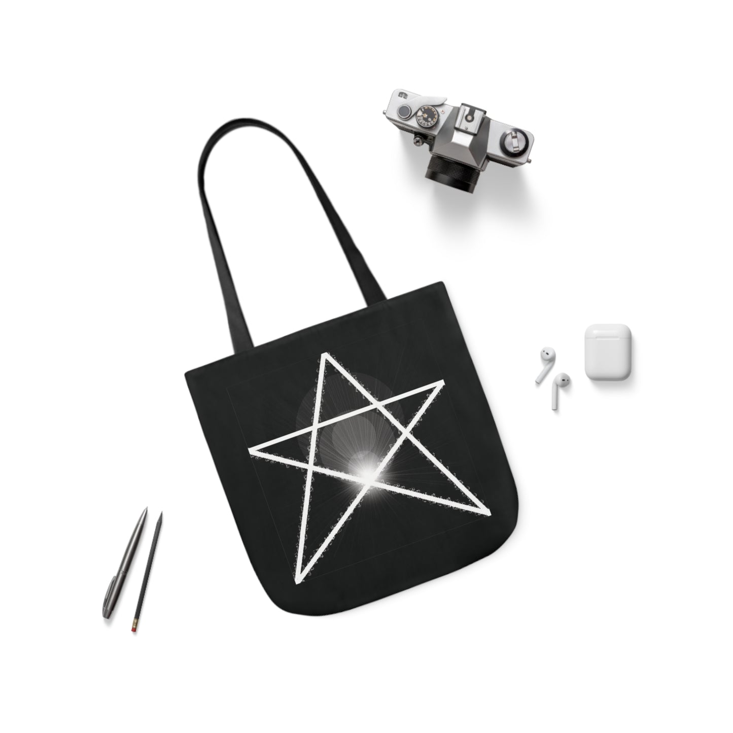 White Pentagram Witches Pentacle Black Shoulder Tote Bag