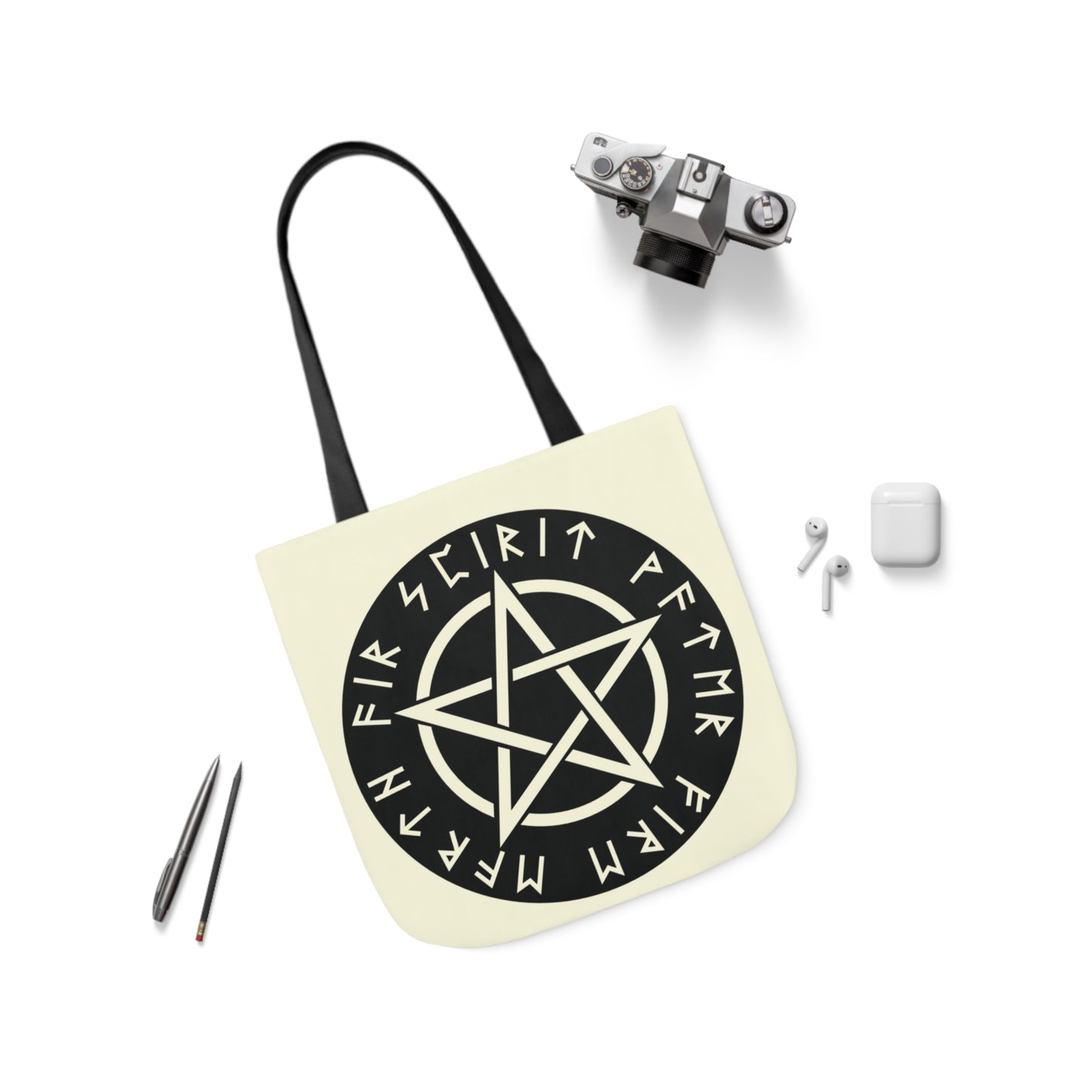 Wiccan Black Runic Pentagram Shoulder Tote Bag