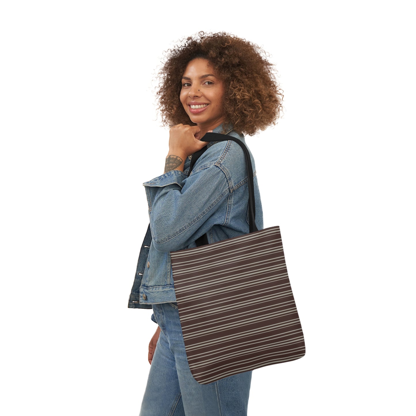 Dark Chocolate Brown Stripes Pattern Shoulder Tote Bag