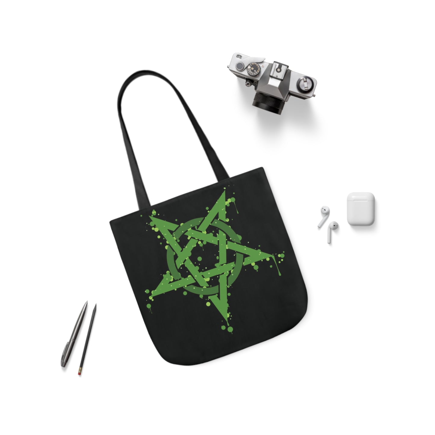 Green Inverted Spotted Pentagram Shoulder Tote Bag