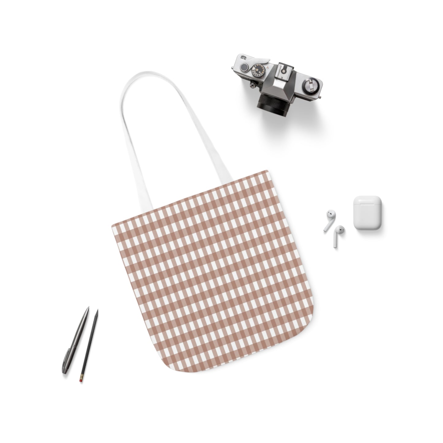 Mocha Brown Check Pattern Shoulder Tote Bag