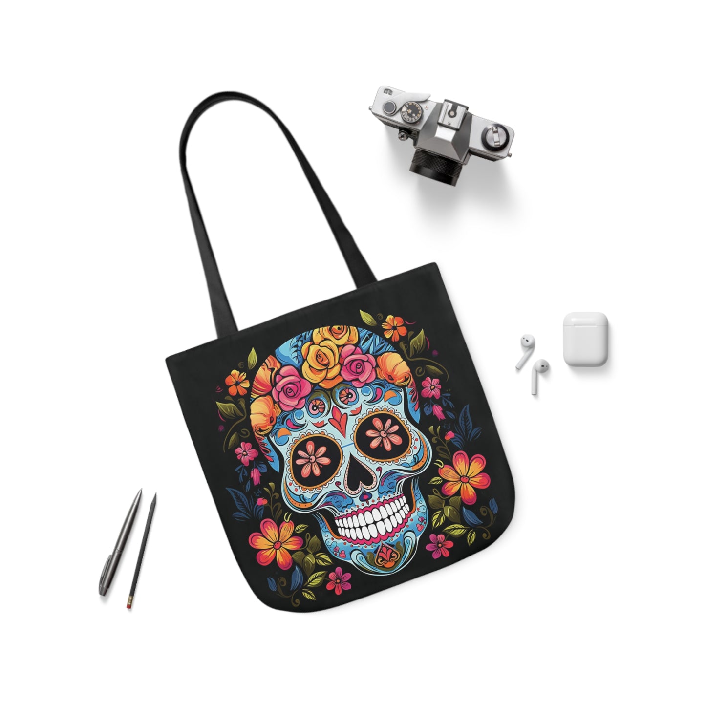 Blue Sugar Skull With Bright Flowers Shoulder Tote Bag