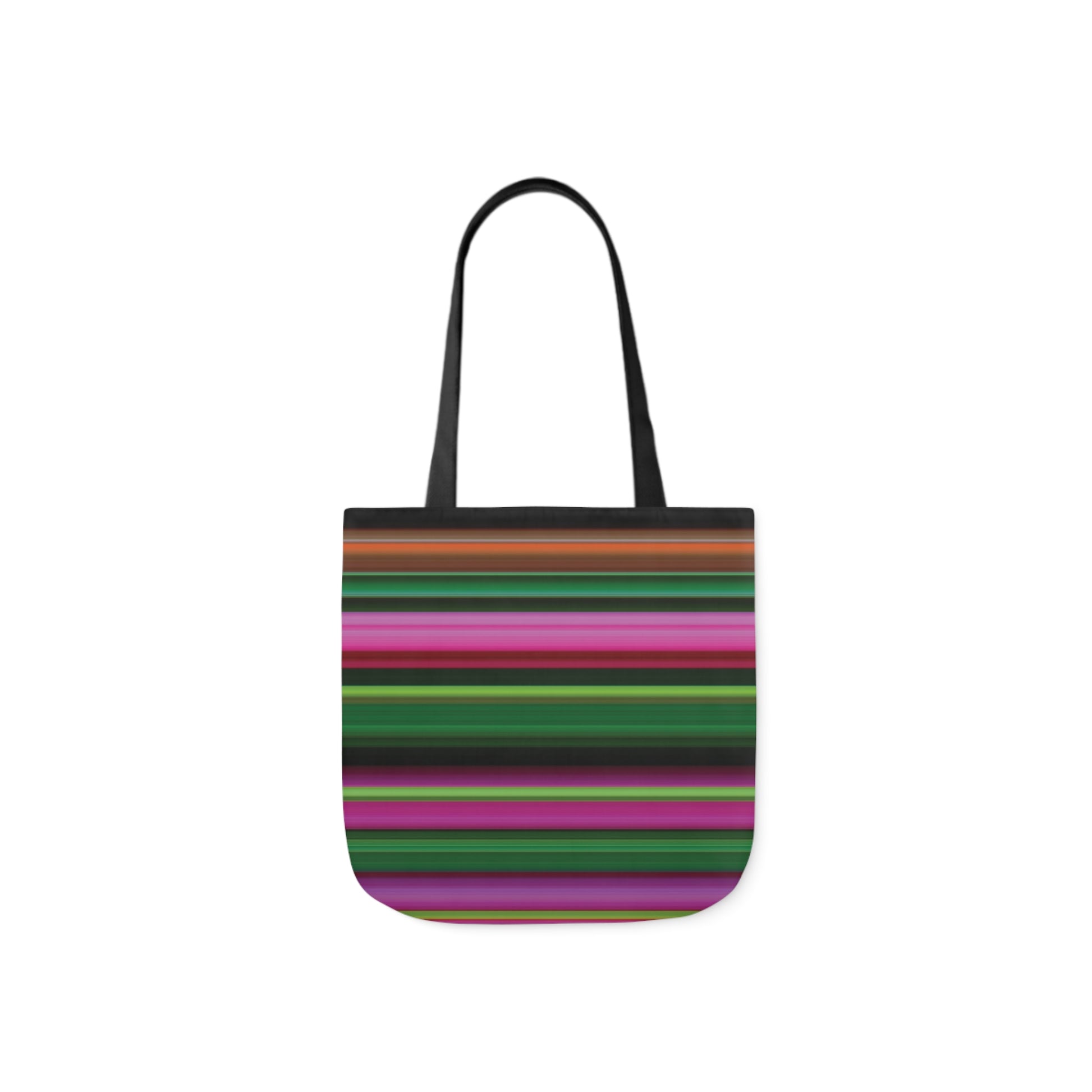 A canvas shoulder tote bag with a design of a bright rainbow mutli-colour stripes pattern.