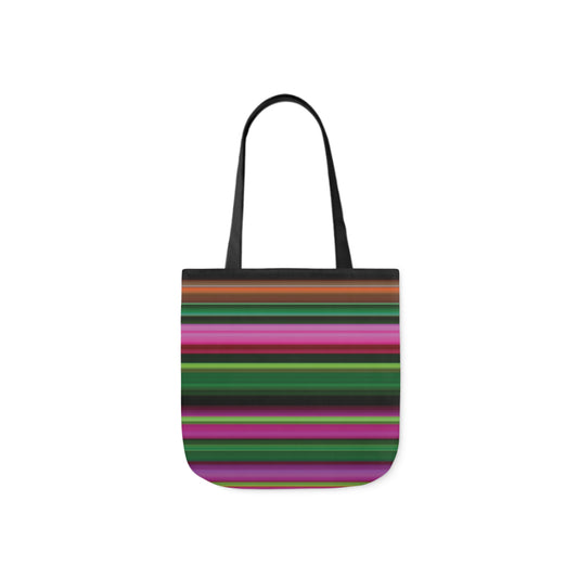 A canvas shoulder tote bag with a design of a bright rainbow mutli-colour stripes pattern.