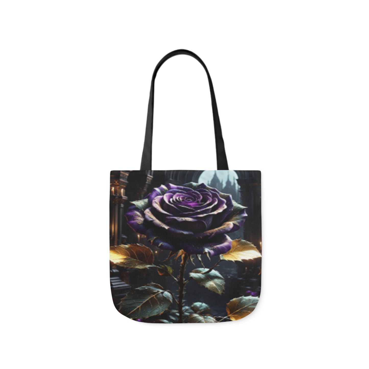 A canvas tote bag with a design of a gothic purple rose with black handles.