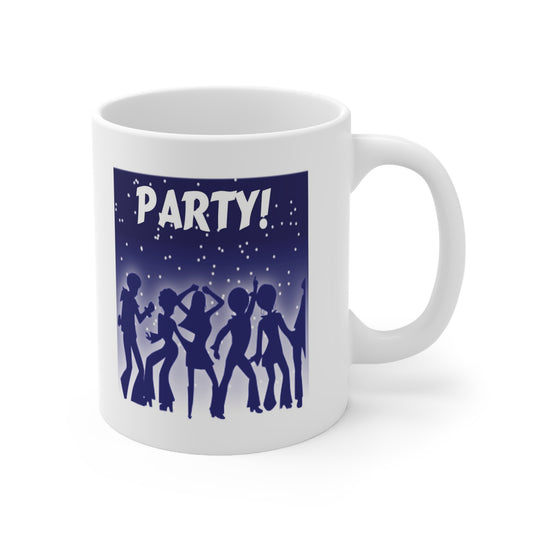A white ceramic coffee mug with a design in blue of disco dancers and the word: Party! at the top