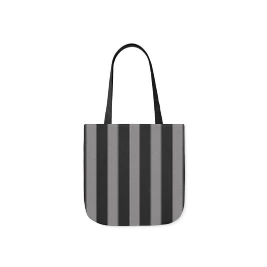 A canvas shoulder tote bag with a design of black and grey stripes pattern.