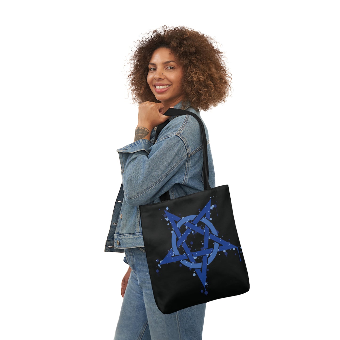 Blue Inverted Spotted Pentagram Shoulder Tote Bag