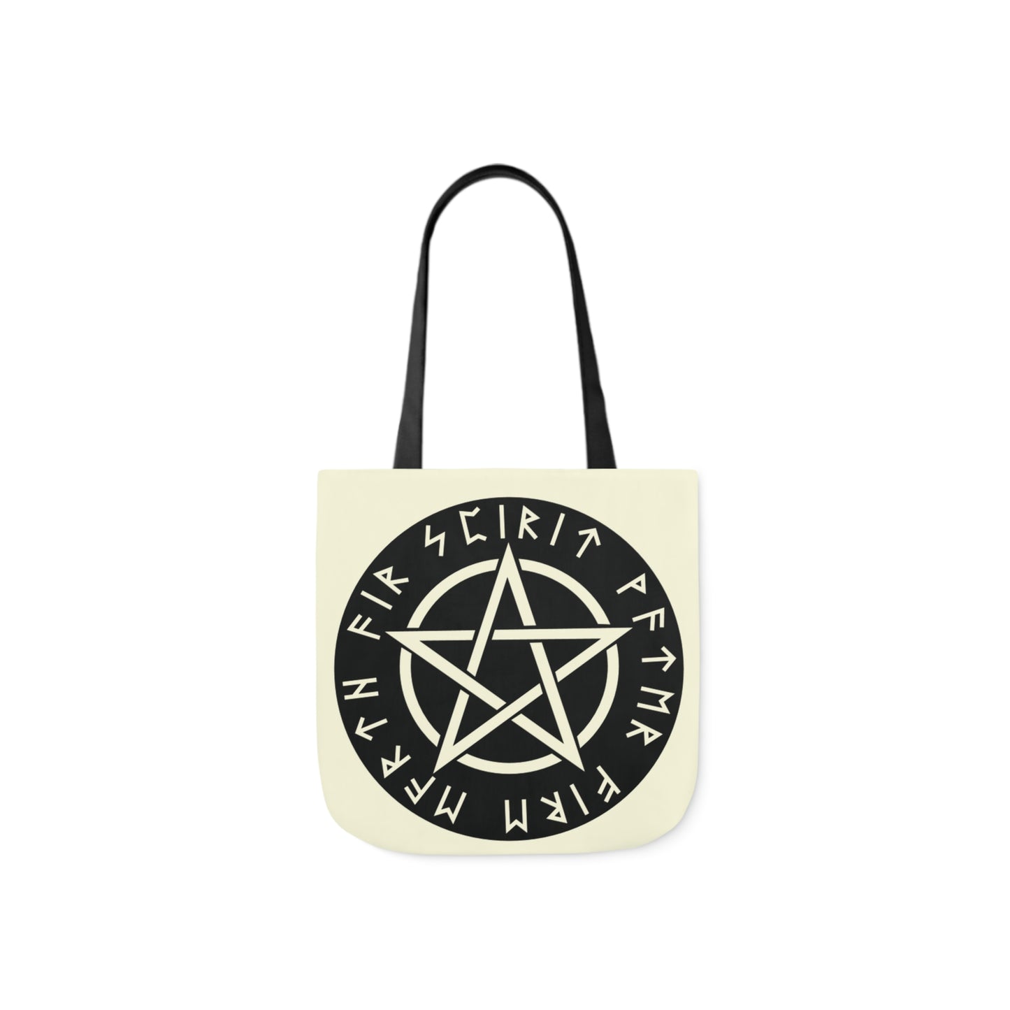 A canvas shoulder tote bag with a design of a black pentagram decorated with runes.