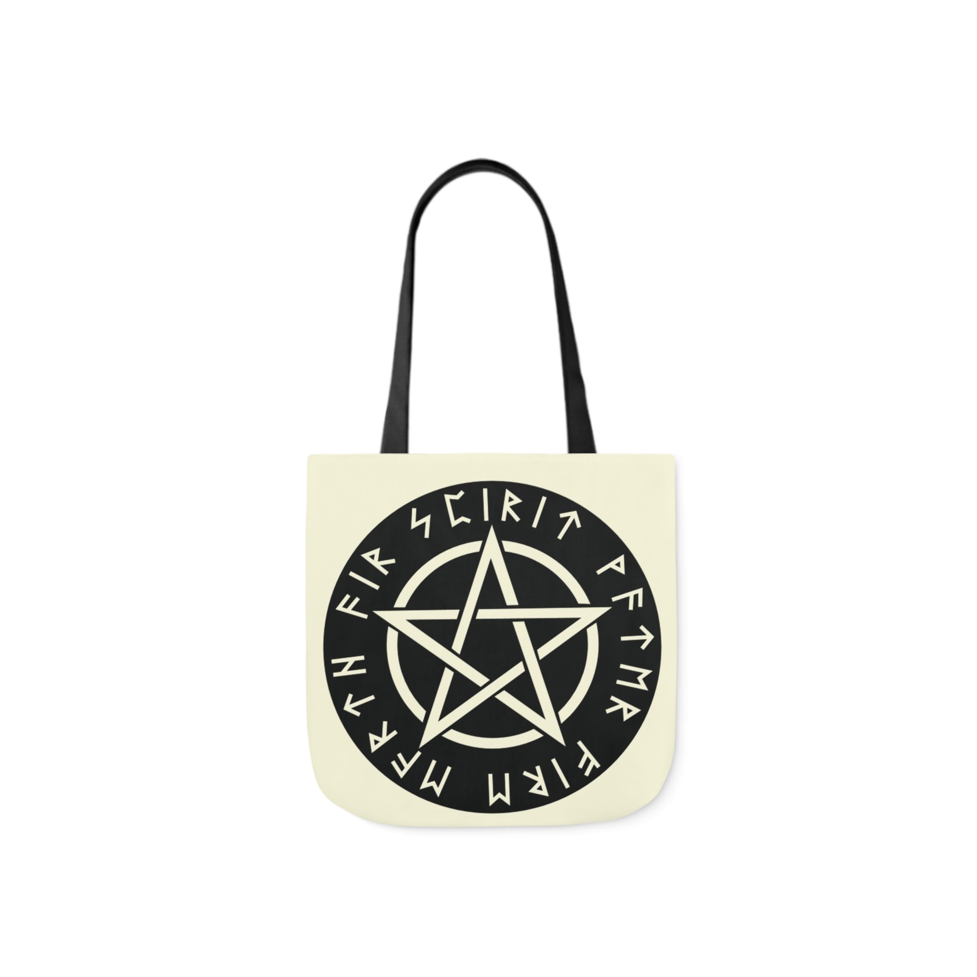 A canvas shoulder tote bag with a design of a black pentagram decorated with runes.