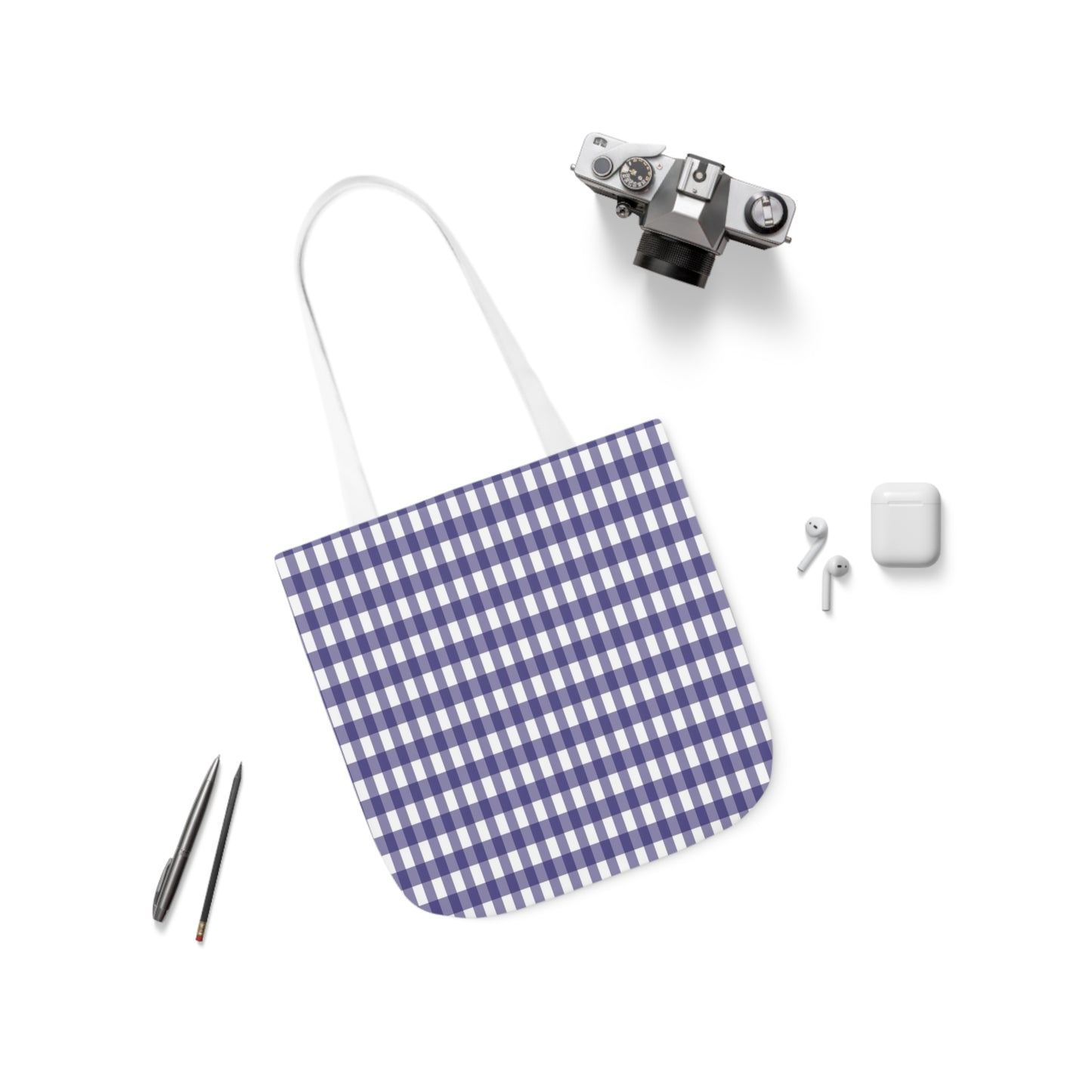 Navy Blue and White Check Pattern Shoulder Tote Bag