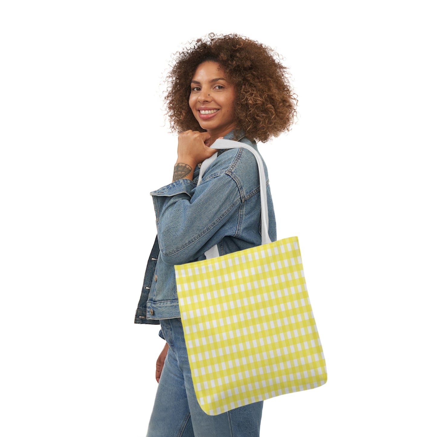 Lemon Yellow Check Pattern Shoulder Tote Bag