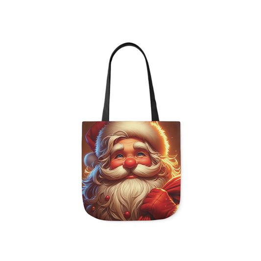 A canvas shoulder tote bag with a design of a digital design of a jolly Saint Nick.