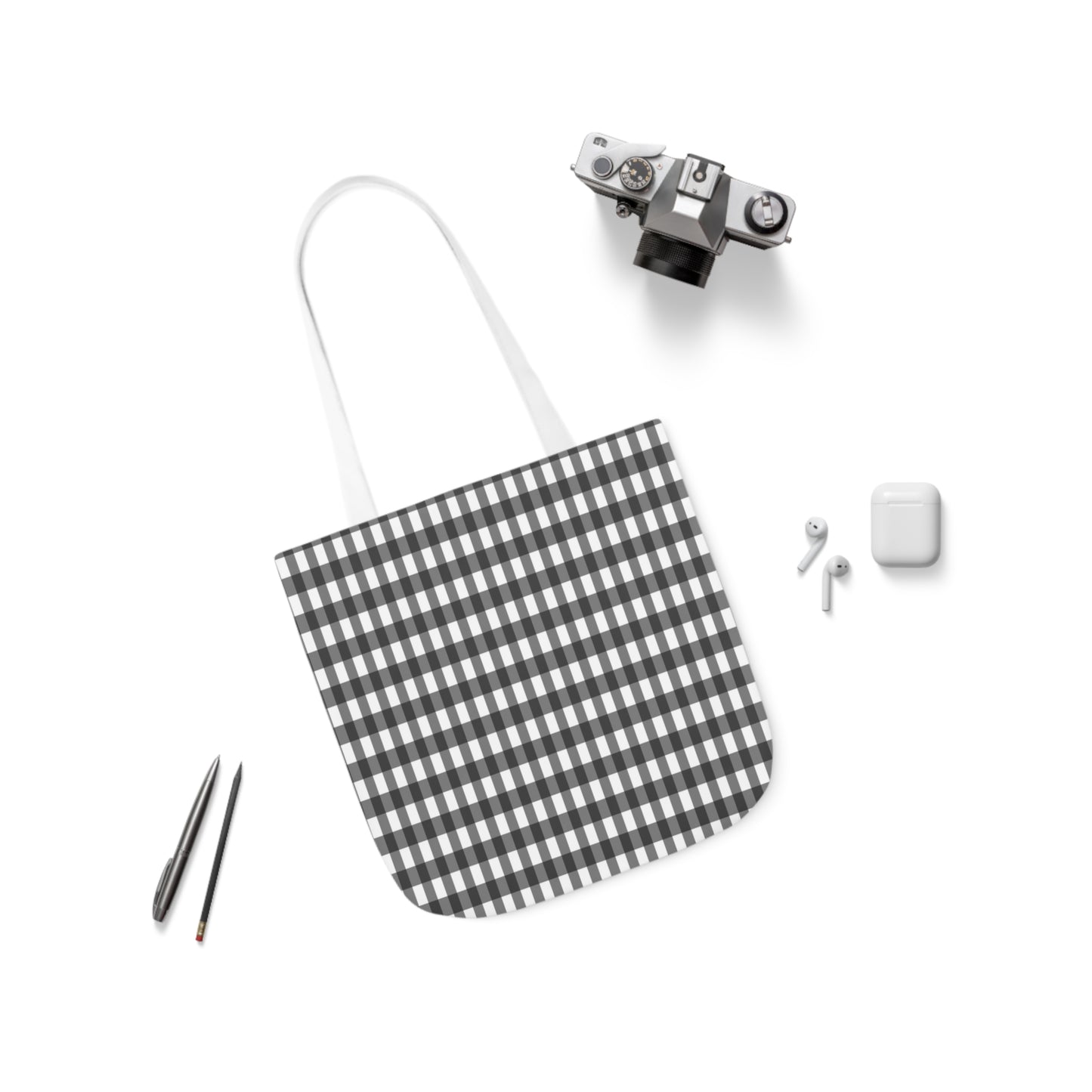 Grey And White Gingham Check Pattern Shoulder Tote Bag