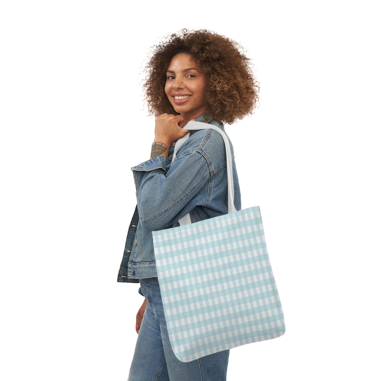 Baby Blue and White Check Pattern Shoulder Tote Bag