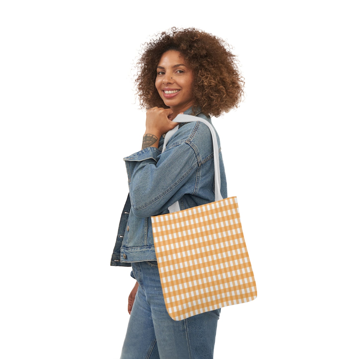 Tangerine Orange Check Pattern Shoulder Tote Bag