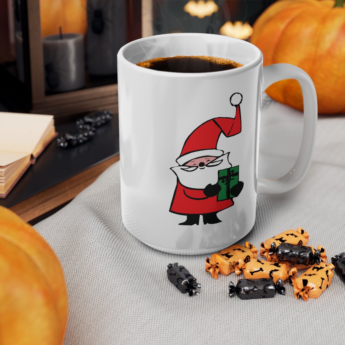 Curly Hat Santa With Gift Coffee Mug