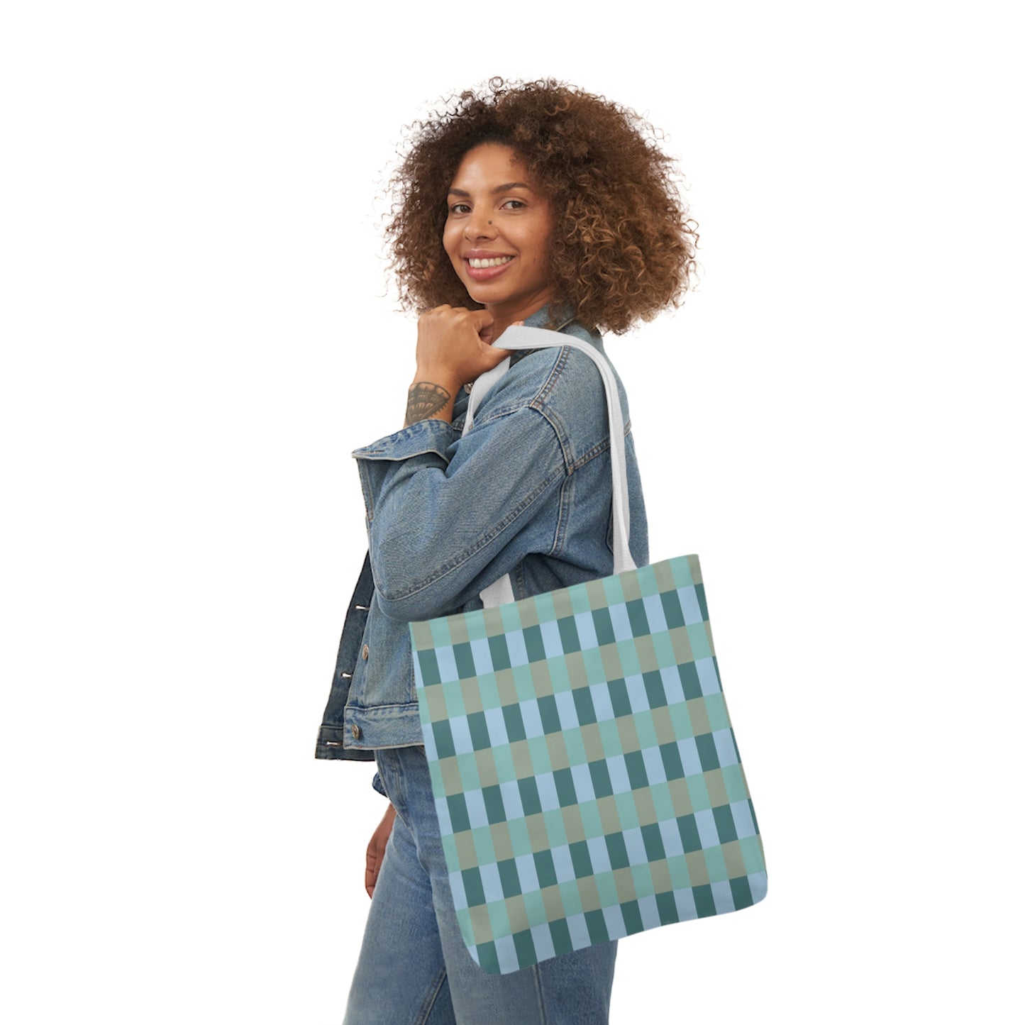 Blue And Green Gingham Check Pattern Shoulder Tote Bag