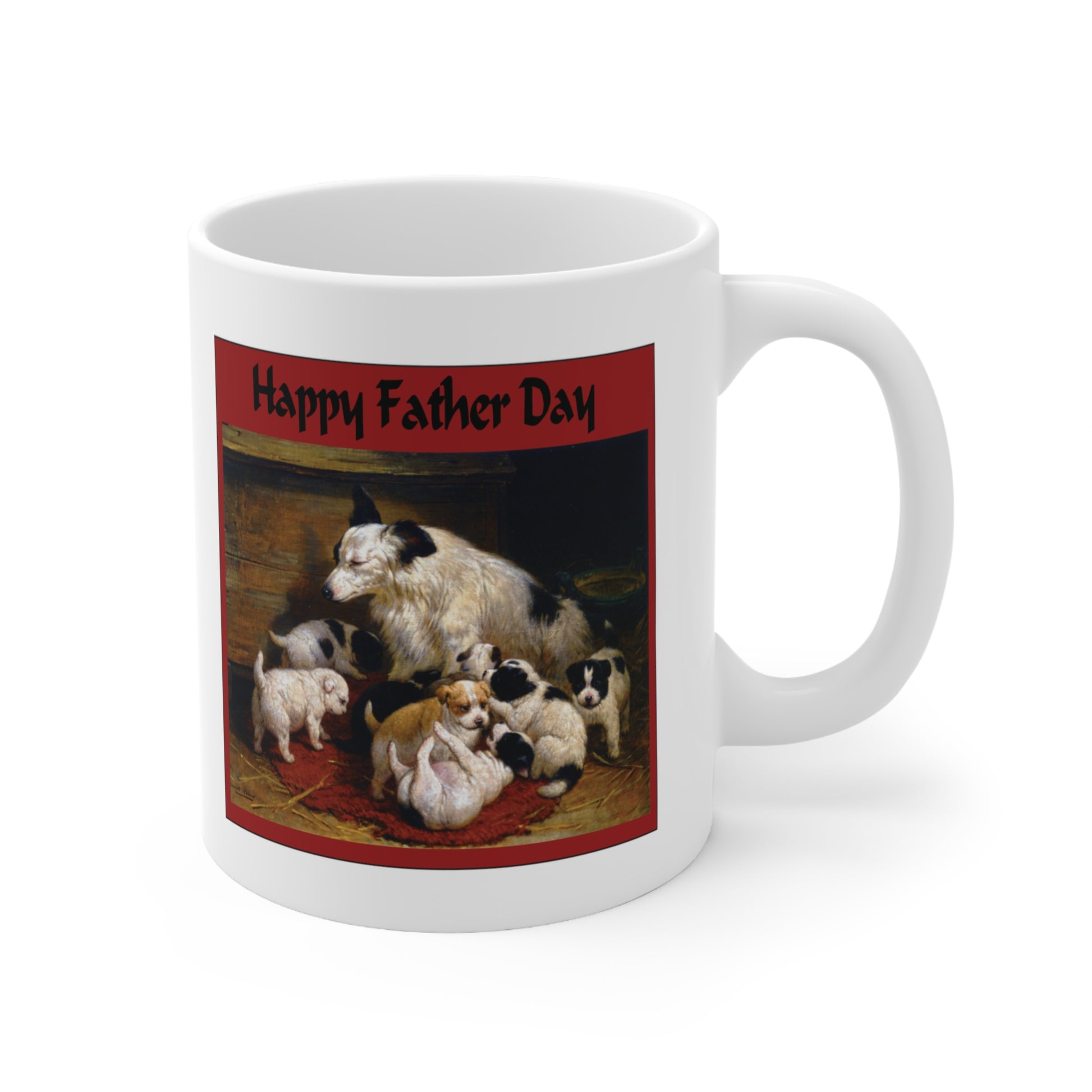 A white ceramic coffee mug with a vintage painting of a sheep dog and his litter of puppies. Above the design the greeting reads: Happy Father's Day