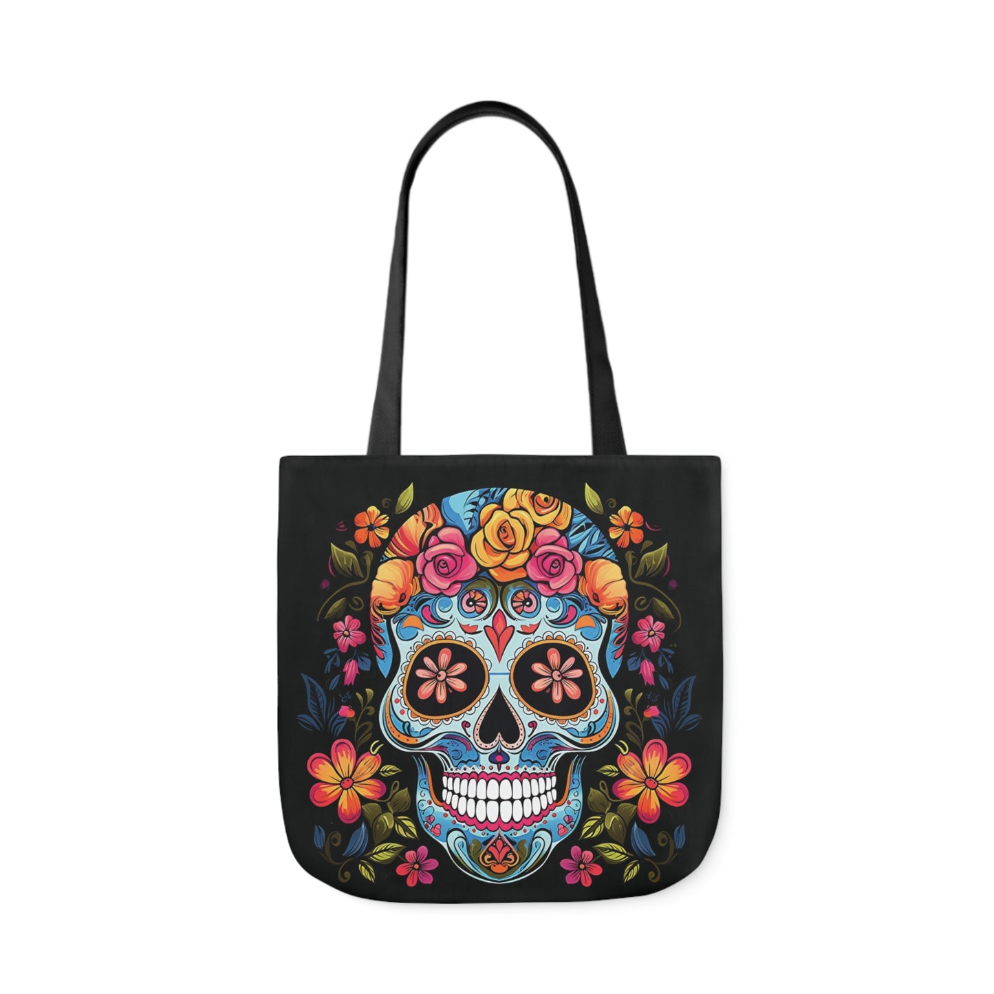 Blue Sugar Skull With Bright Flowers Shoulder Tote Bag