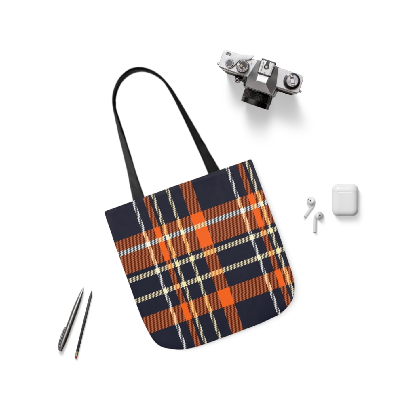 Navy Blue And Orange Tartan Pattern Shoulder Tote Bag