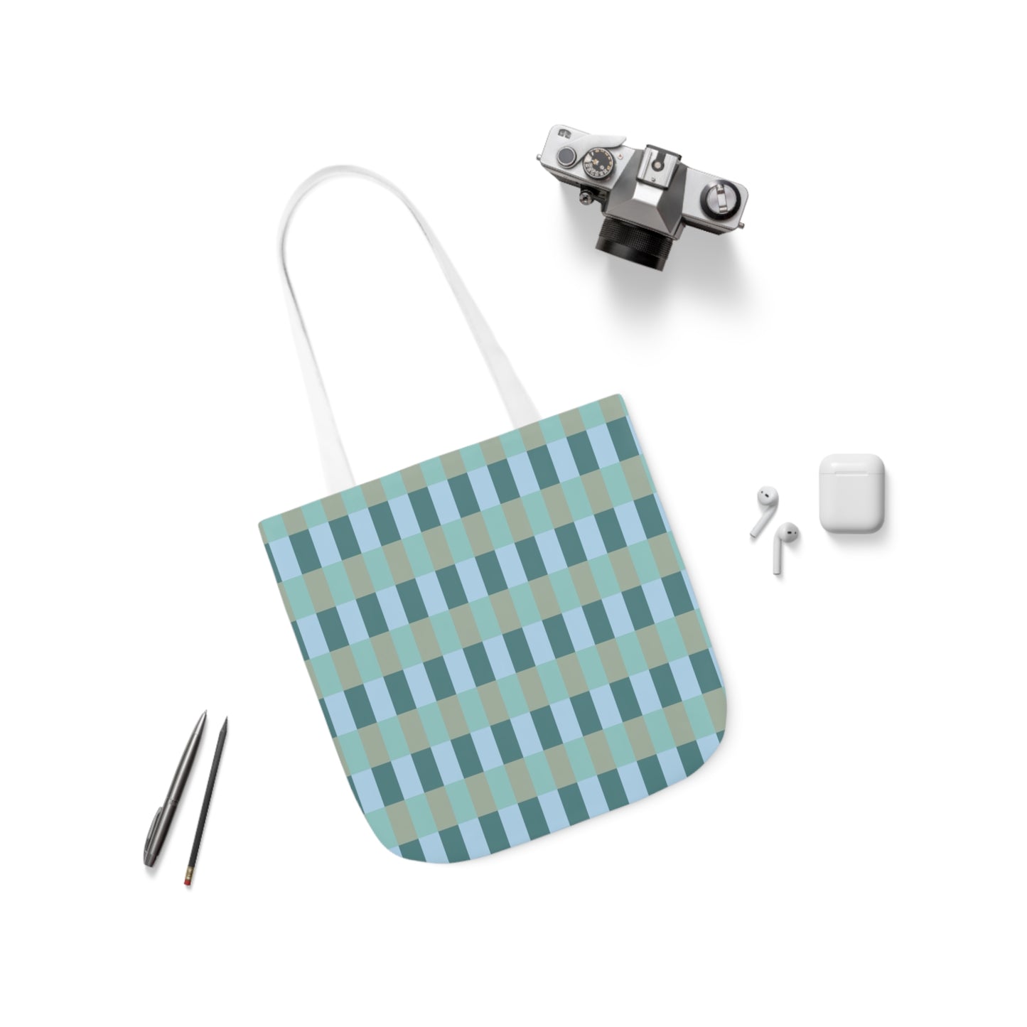 Blue And Green Gingham Check Pattern Shoulder Tote Bag