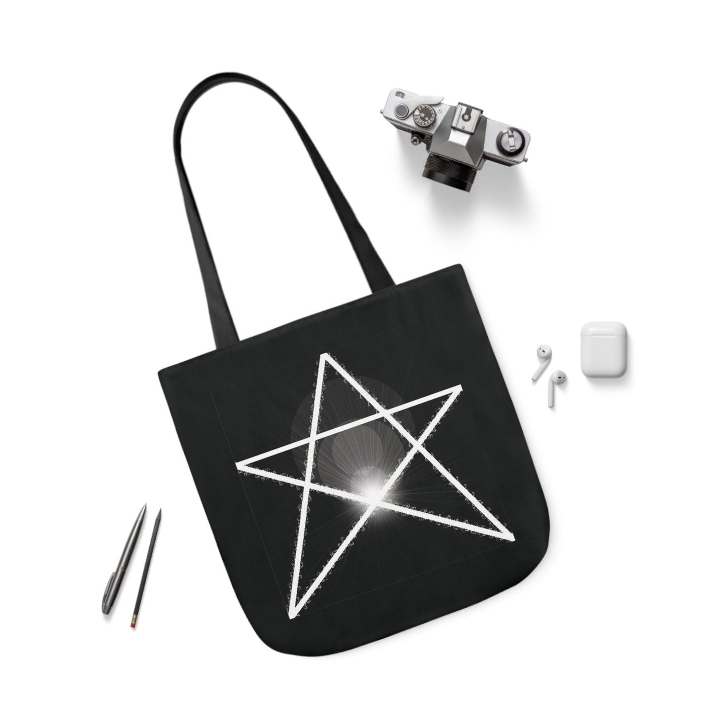 White Pentagram Witches Pentacle Black Shoulder Tote Bag