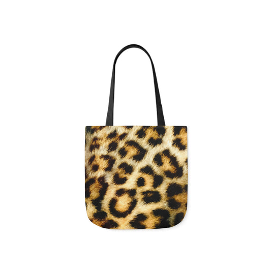 A canvas shoulder tote bag with a design of a photographic fur print.