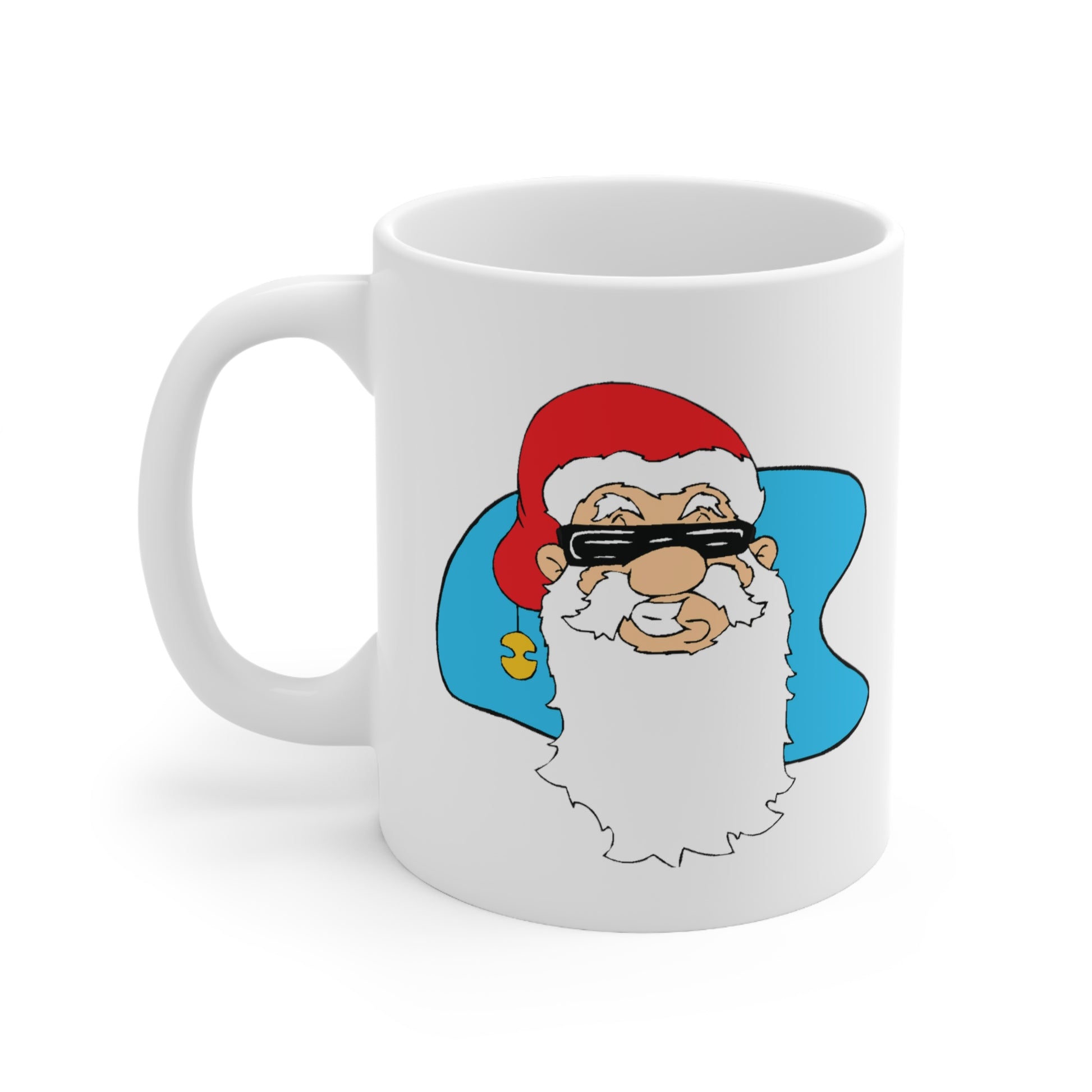 A white ceramic coffee mug with a design of a cartoon Santa Claus in a pair of sunglasses and smiling