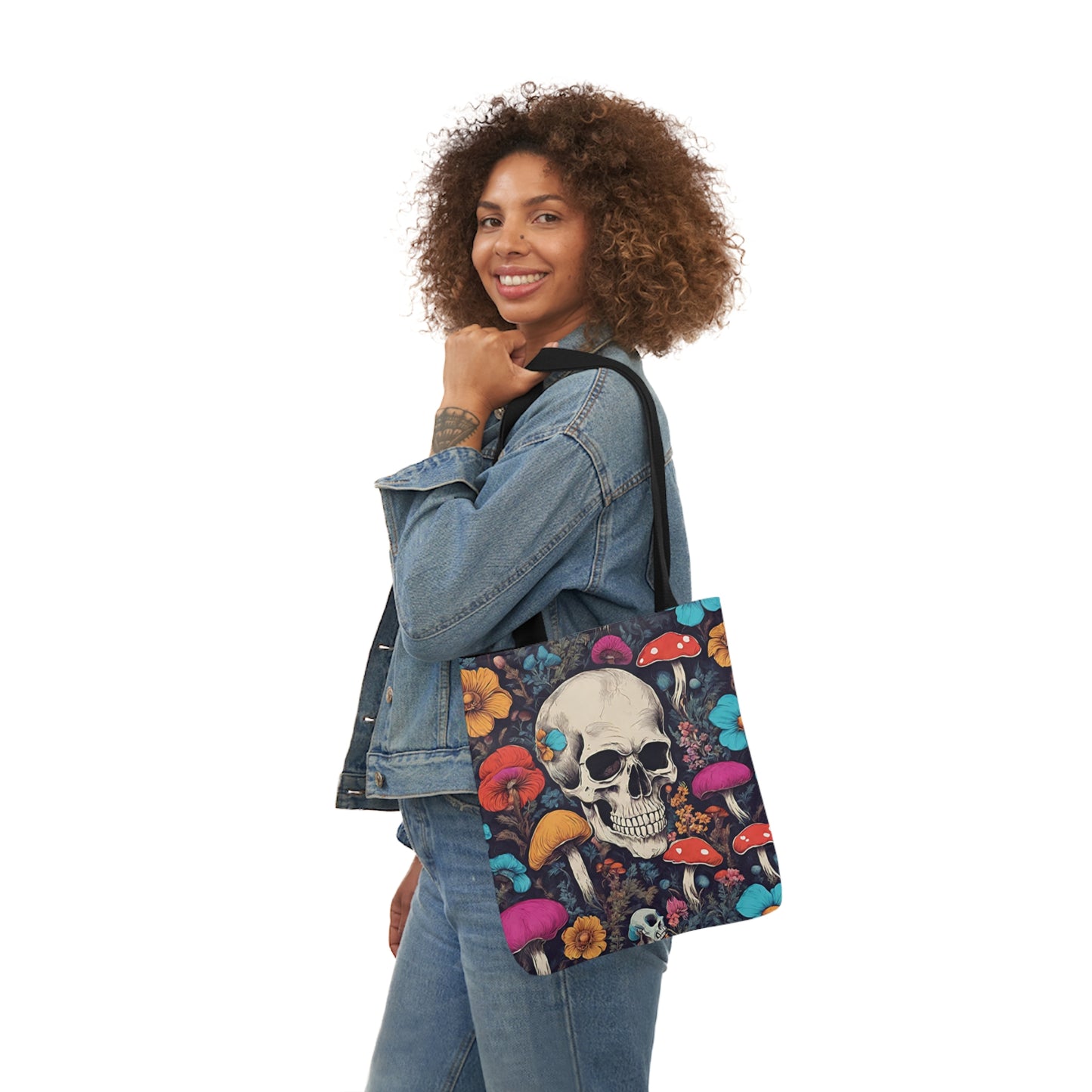 Skull With Magic Toadstools And Flowers Shoulder Tote Bag