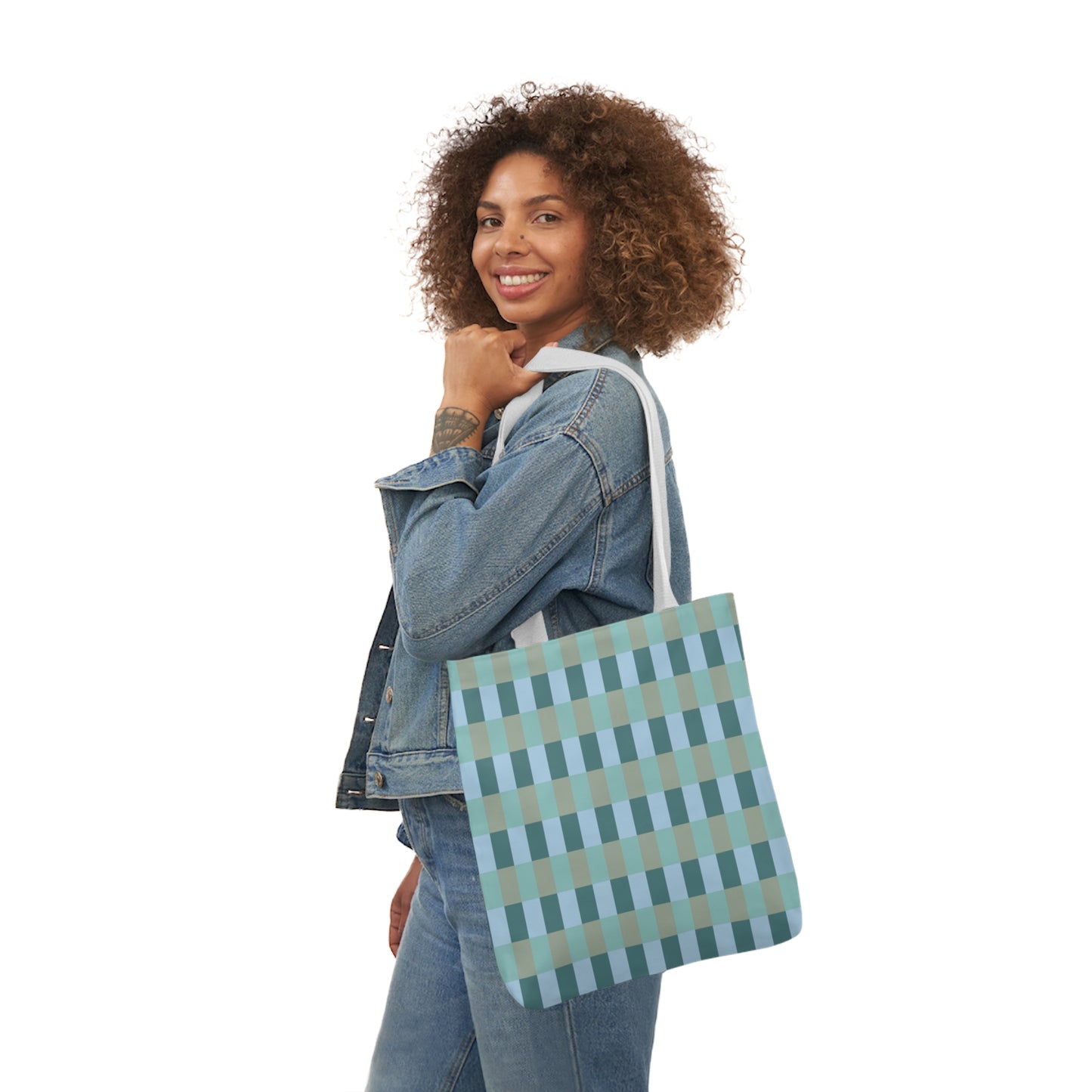 Blue And Green Gingham Check Pattern Shoulder Tote Bag