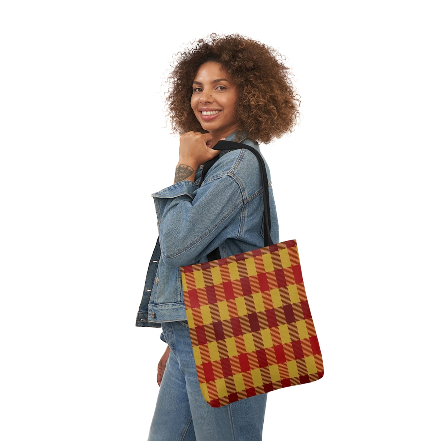 Red And Yellow Tartan Check Shoulder Tote Bag