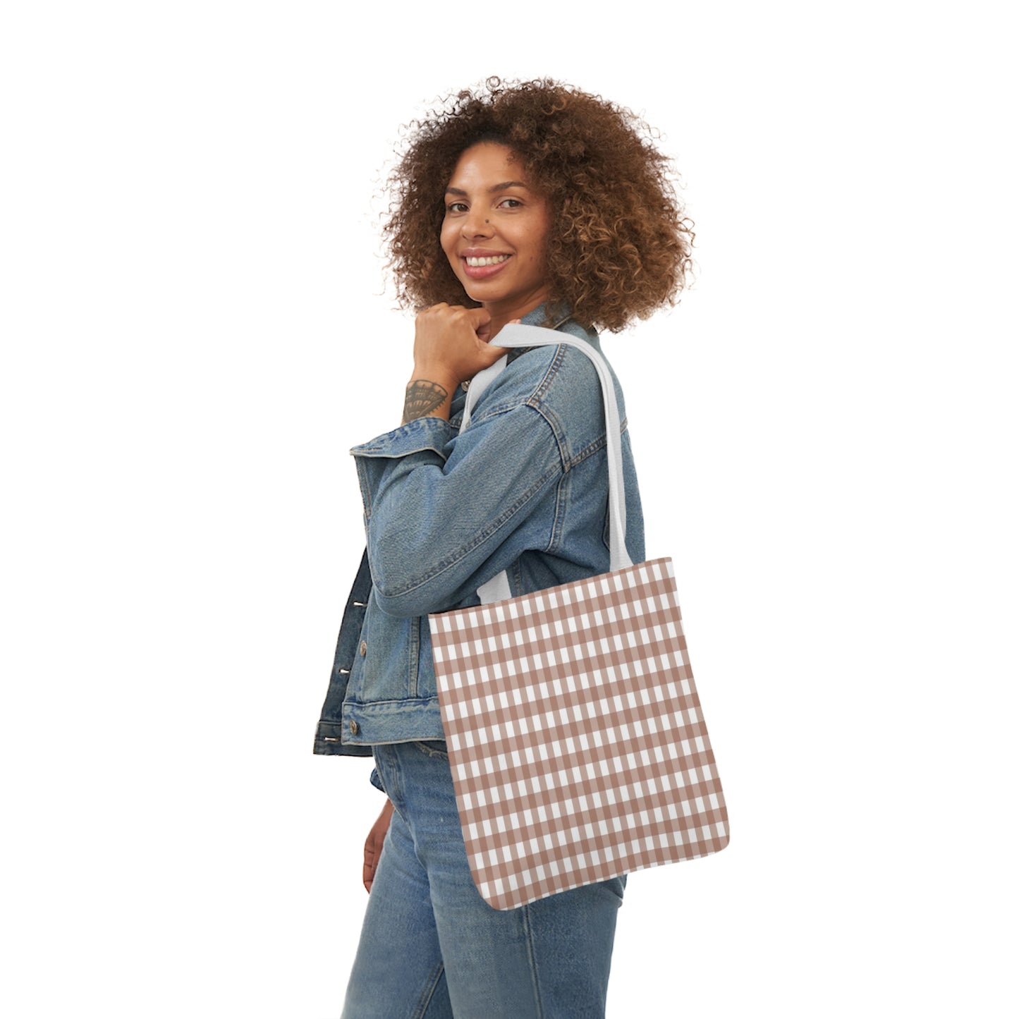 Mocha Brown Check Pattern Shoulder Tote Bag