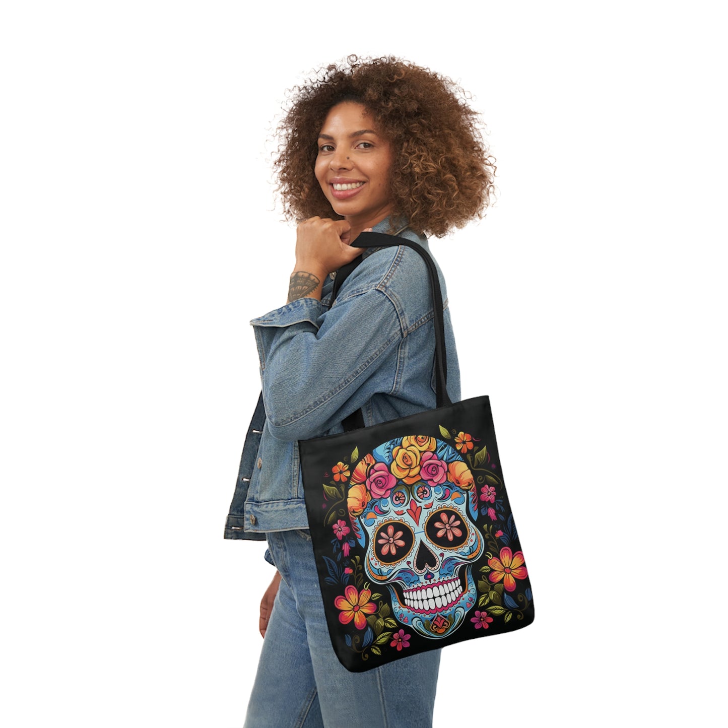 Blue Sugar Skull With Bright Flowers Shoulder Tote Bag