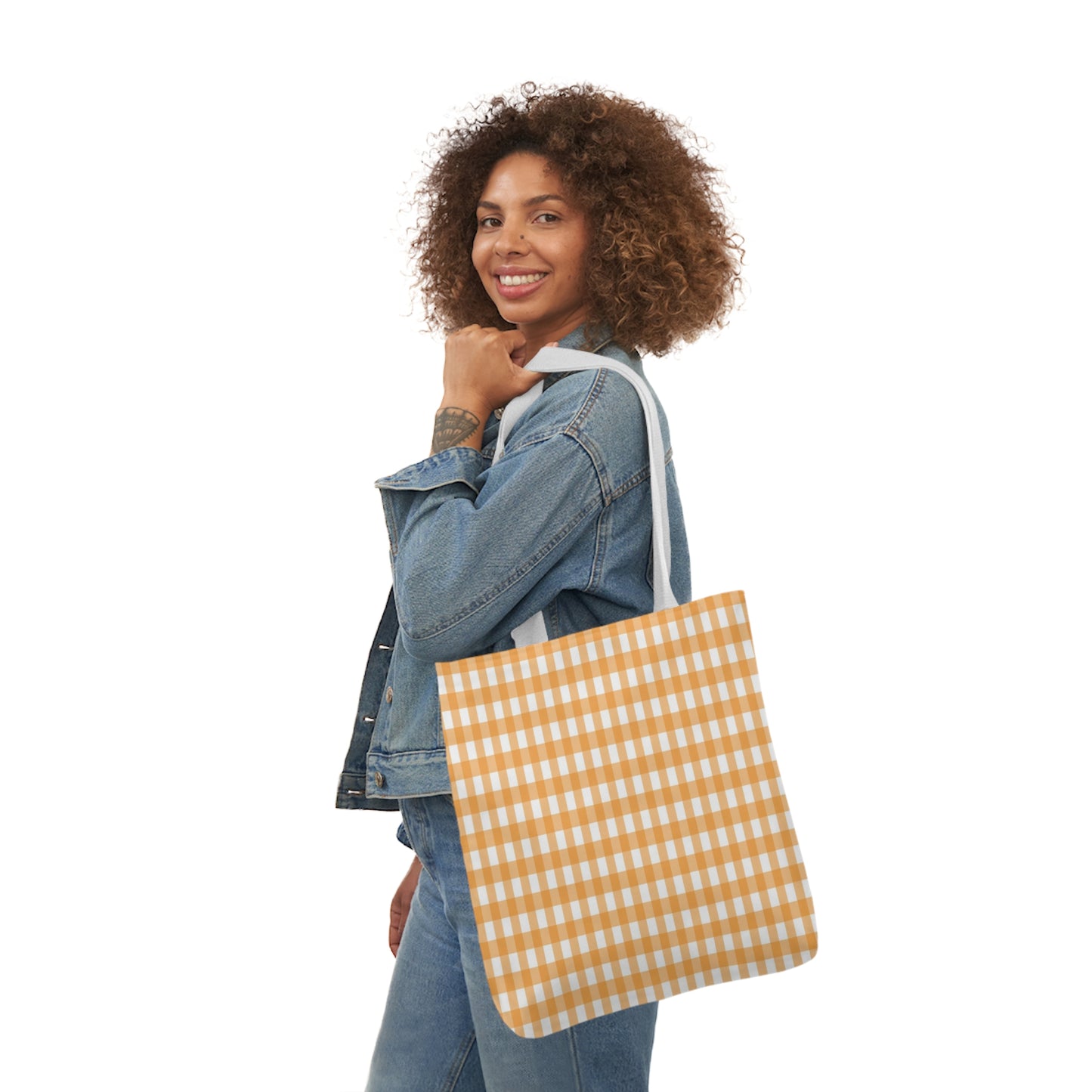 Tangerine Orange Check Pattern Shoulder Tote Bag