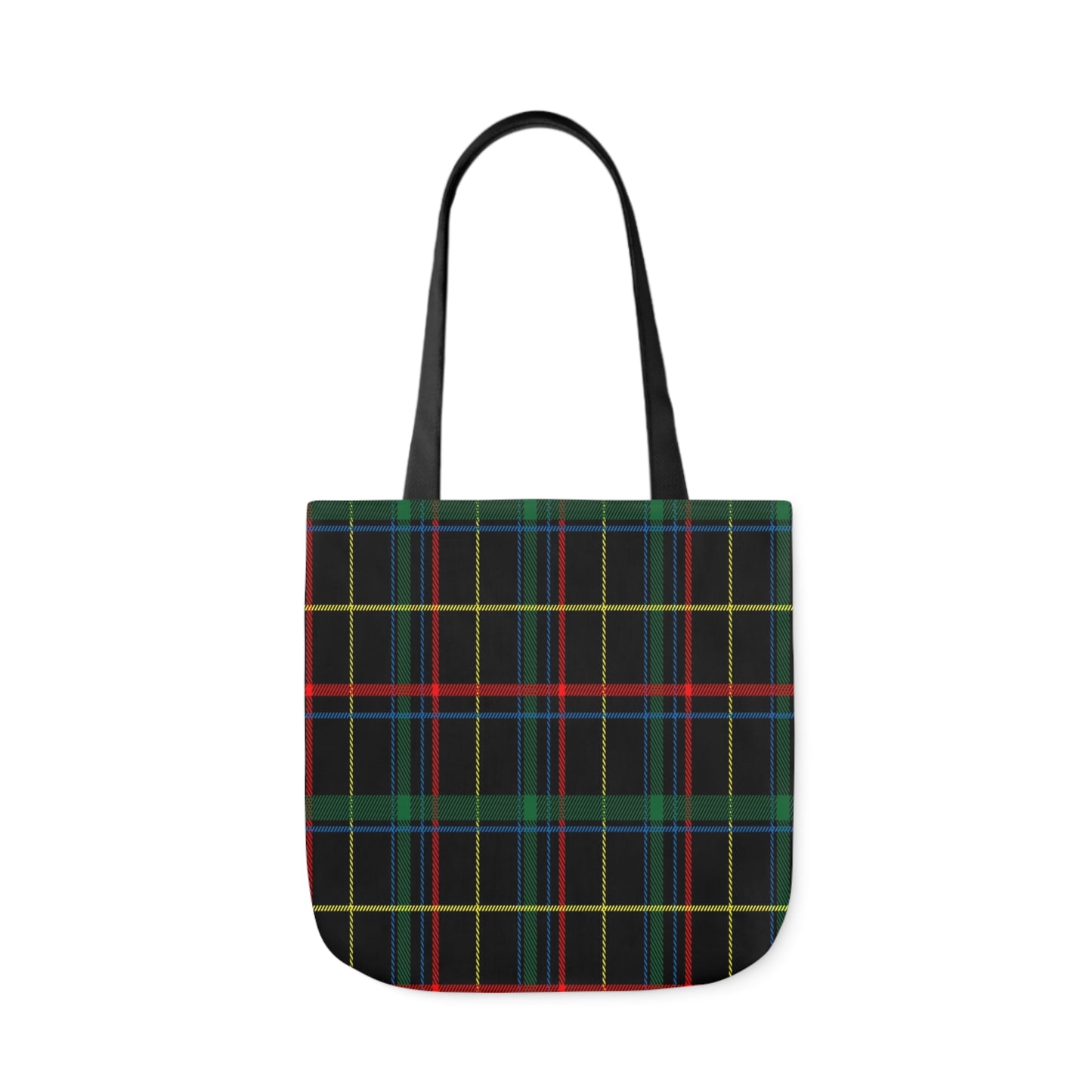 A canvas tote bag with an Ancient Hunting tartan pattern and black handles. The tartan pattern is black with green, blue, red and yellow checked stripes.