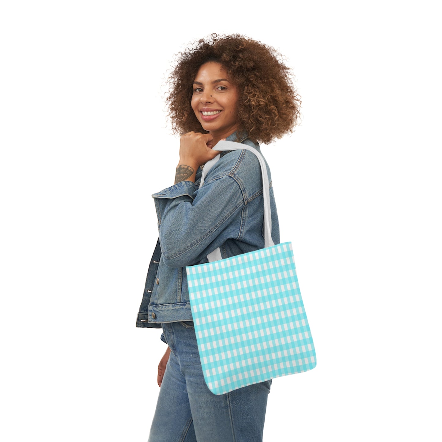 Aqua Blue and White Check Pattern Shoulder Tote Bag