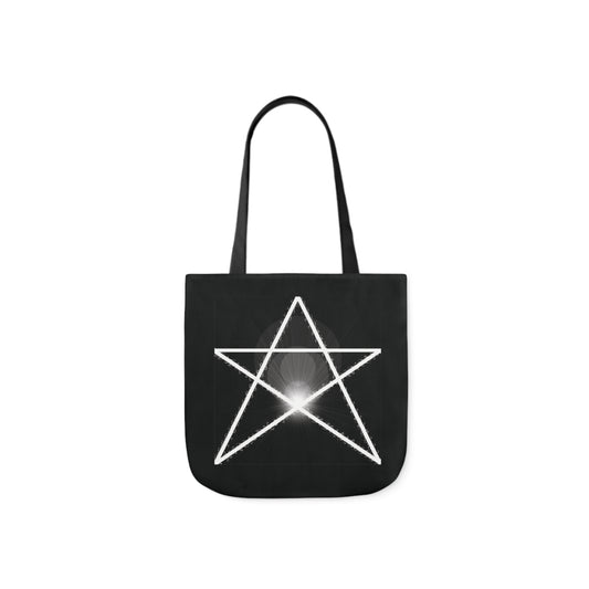 A canvas shoulder tote bag with a design of a white pentagram on a black background.