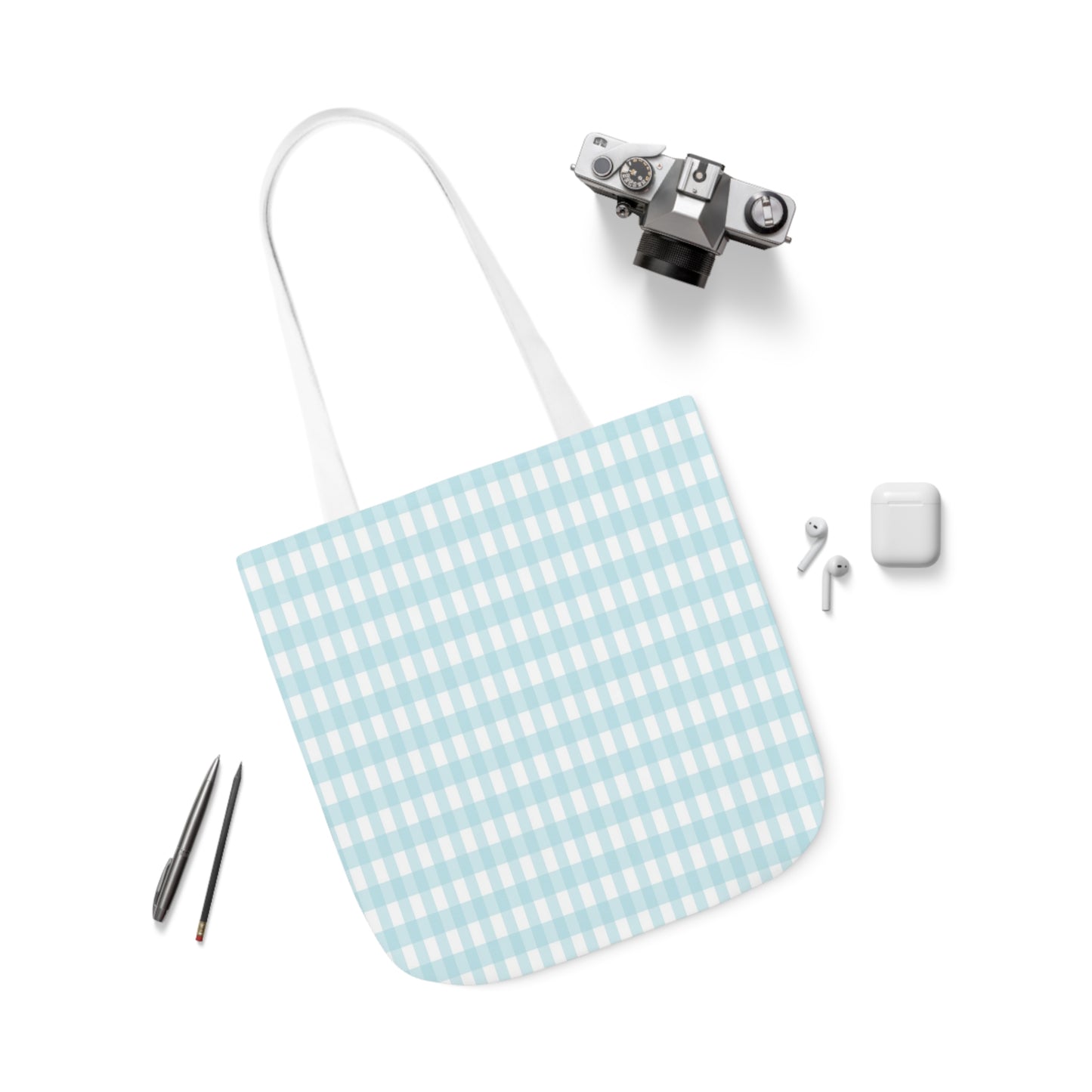 Baby Blue and White Check Pattern Shoulder Tote Bag