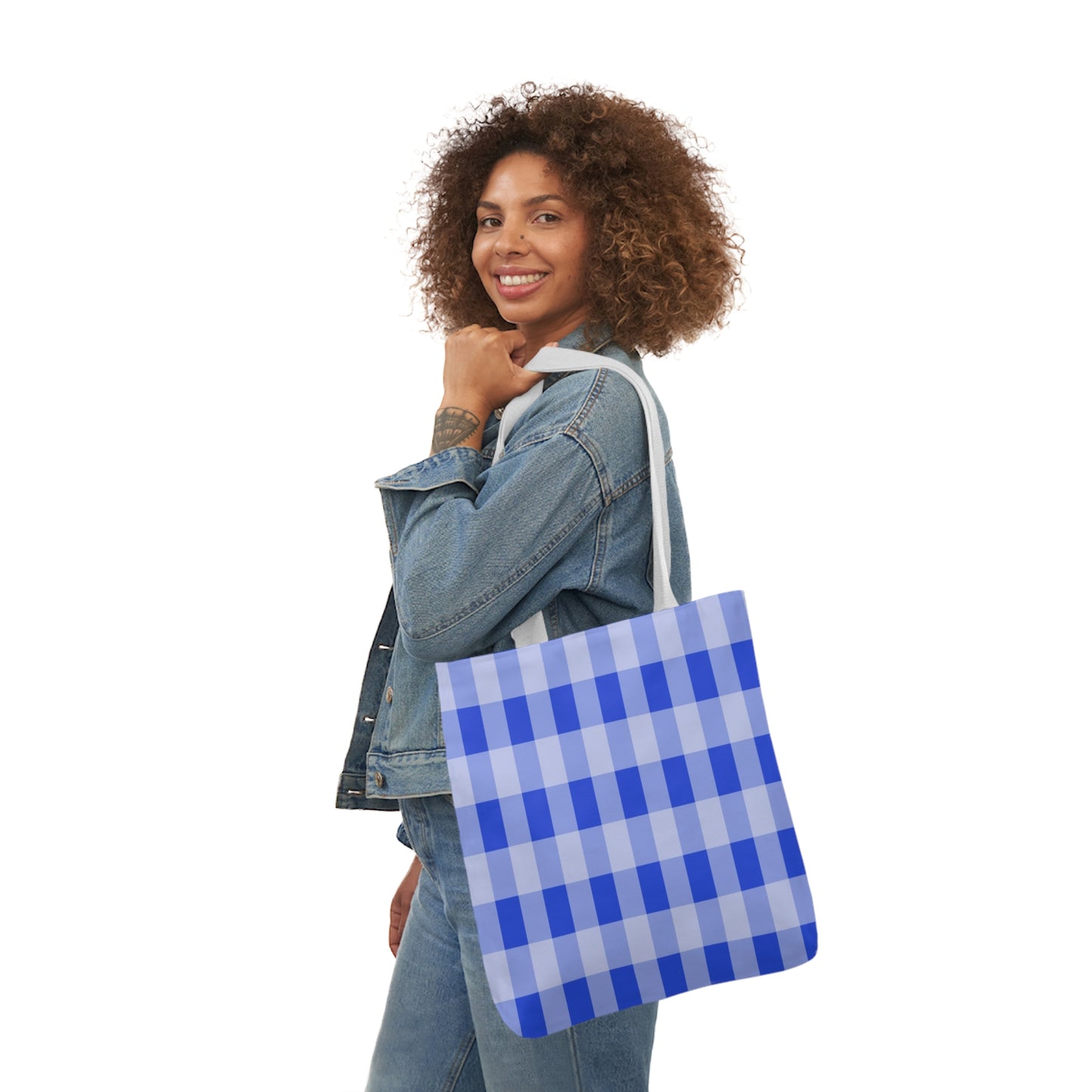 Blue Gingham Check Pattern Shoulder Tote Bag