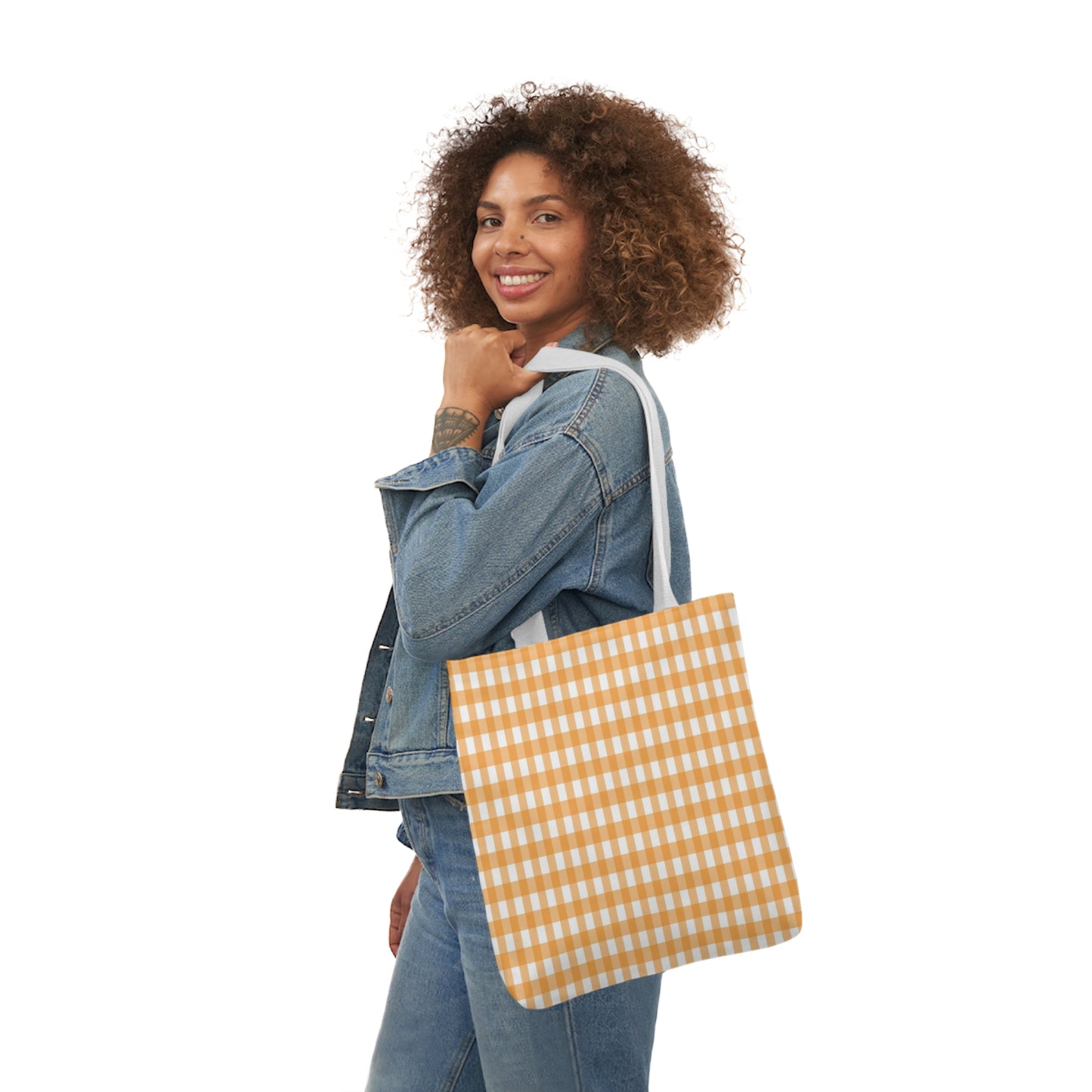 Tangerine Orange Check Pattern Shoulder Tote Bag