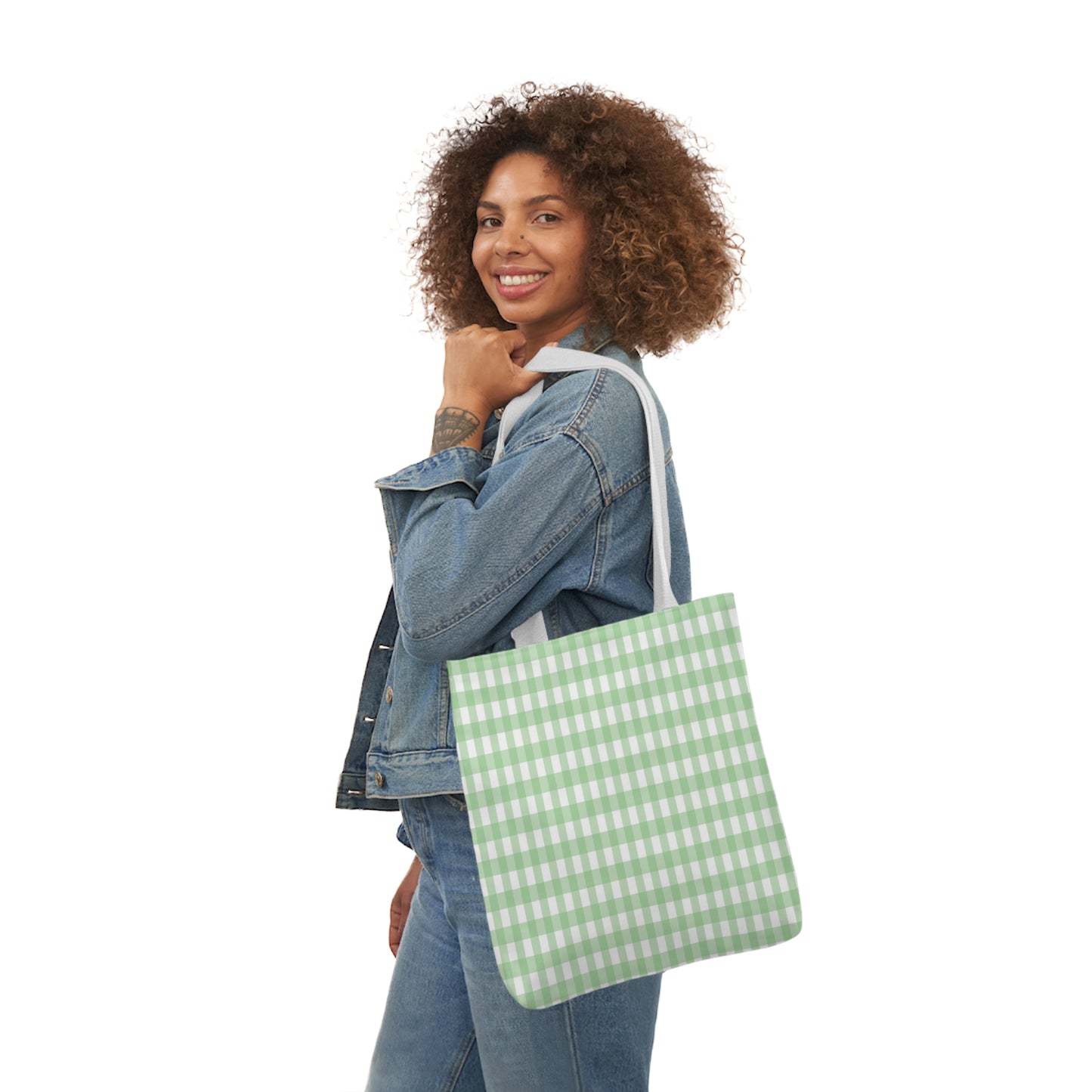 Mint Green Check Pattern Shoulder Tote Bag