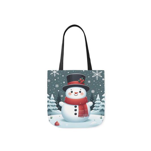 A canvas shoulder tote bag with a design of a cute snowman in a top hat. The background is a snowy forest.