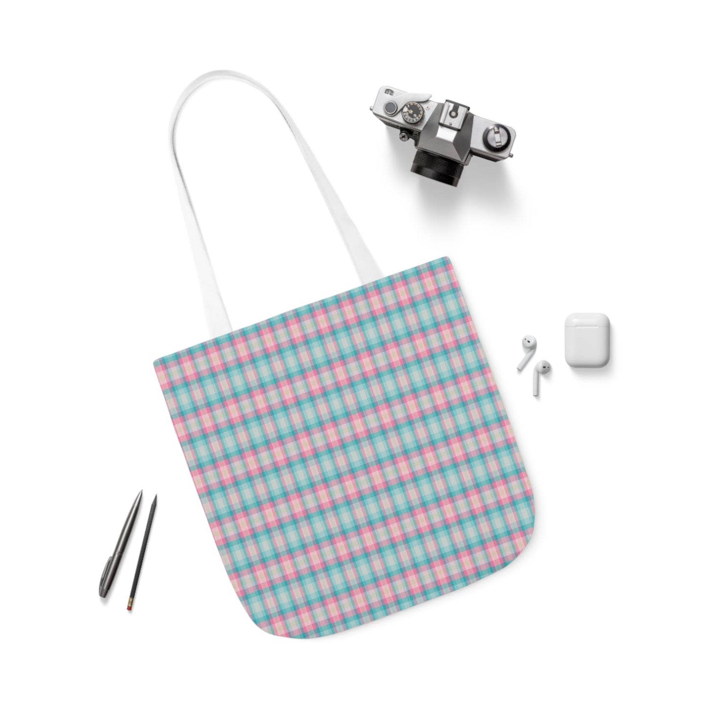 Baby Blue And Light Pink Gingham Check Pattern Shoulder Tote Bag