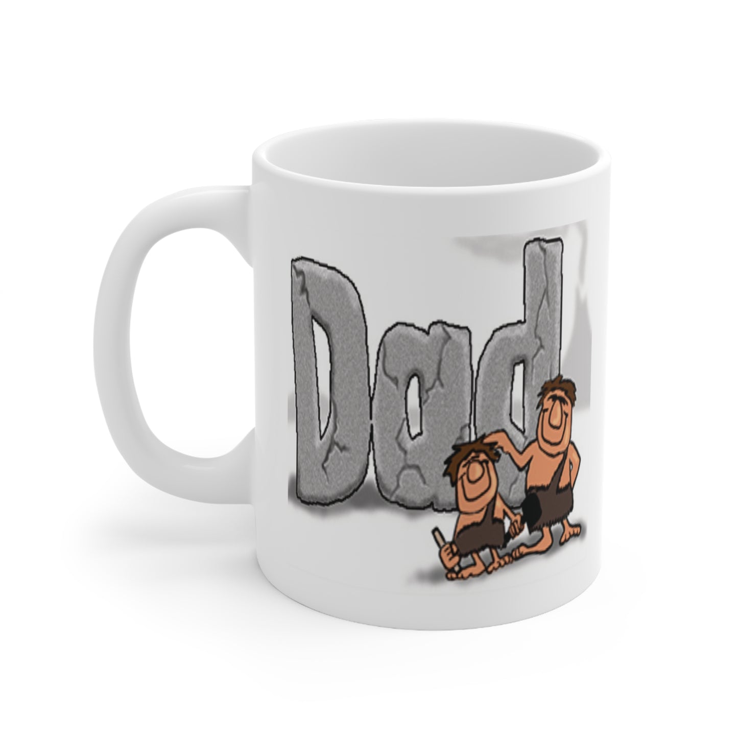 A white ceramic coffee mug with a funny cartoon design of a caveman patting his son on the head after he carved Dad in stone.