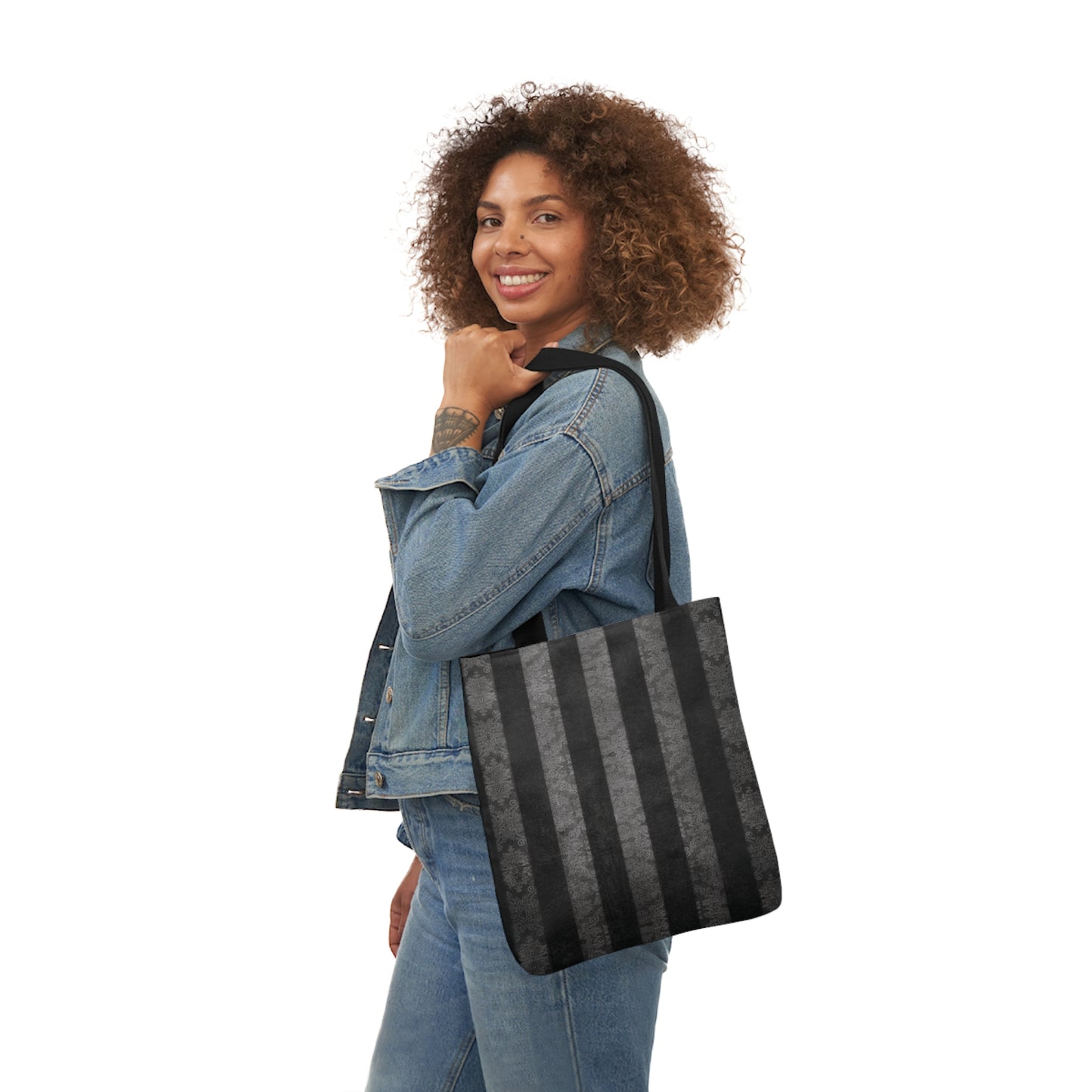 Damask Black And Grey Goth Stripes Distressed Pattern Shoulder Tote Bag