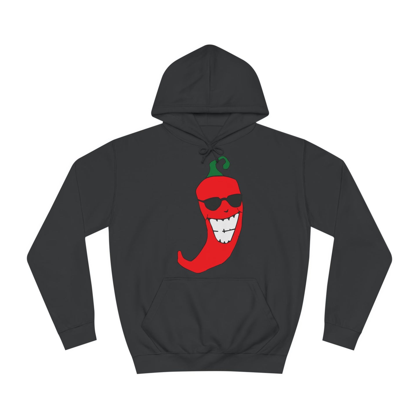 A black hoodie sweatshirt with a design of a cartoon red chili pepper with sunglasses on.