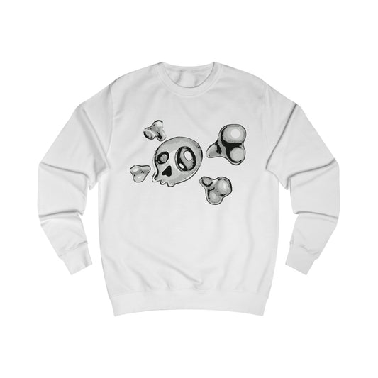 A white sweatshirt with a design of an abstract sketch of a skull and crossbones